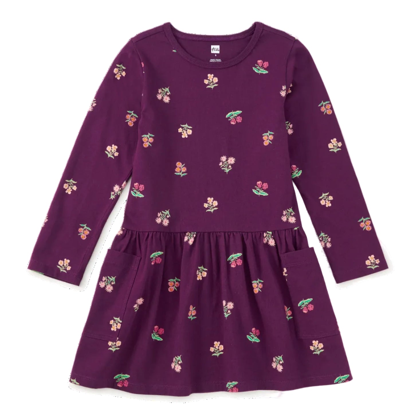 A long-sleeve purple dress for toddlers or girls, featuring a small all-over floral and berry print, a gathered waist, and two front patch pockets, shown flat on a white background.