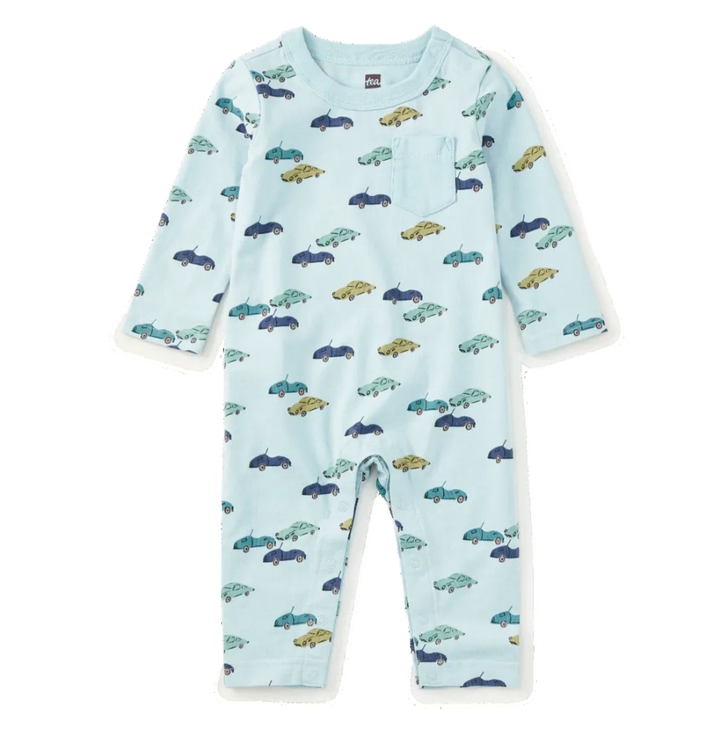 A baby long-sleeve footless romper in light blue, featuring an all-over pattern of small cars in navy, teal, and olive green, with a chest pocket.