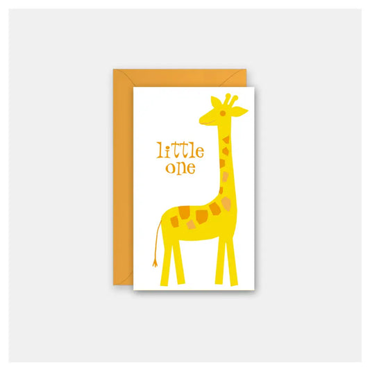 Greeting card with a yellow giraffe illustration and 'little one' text on a white background.