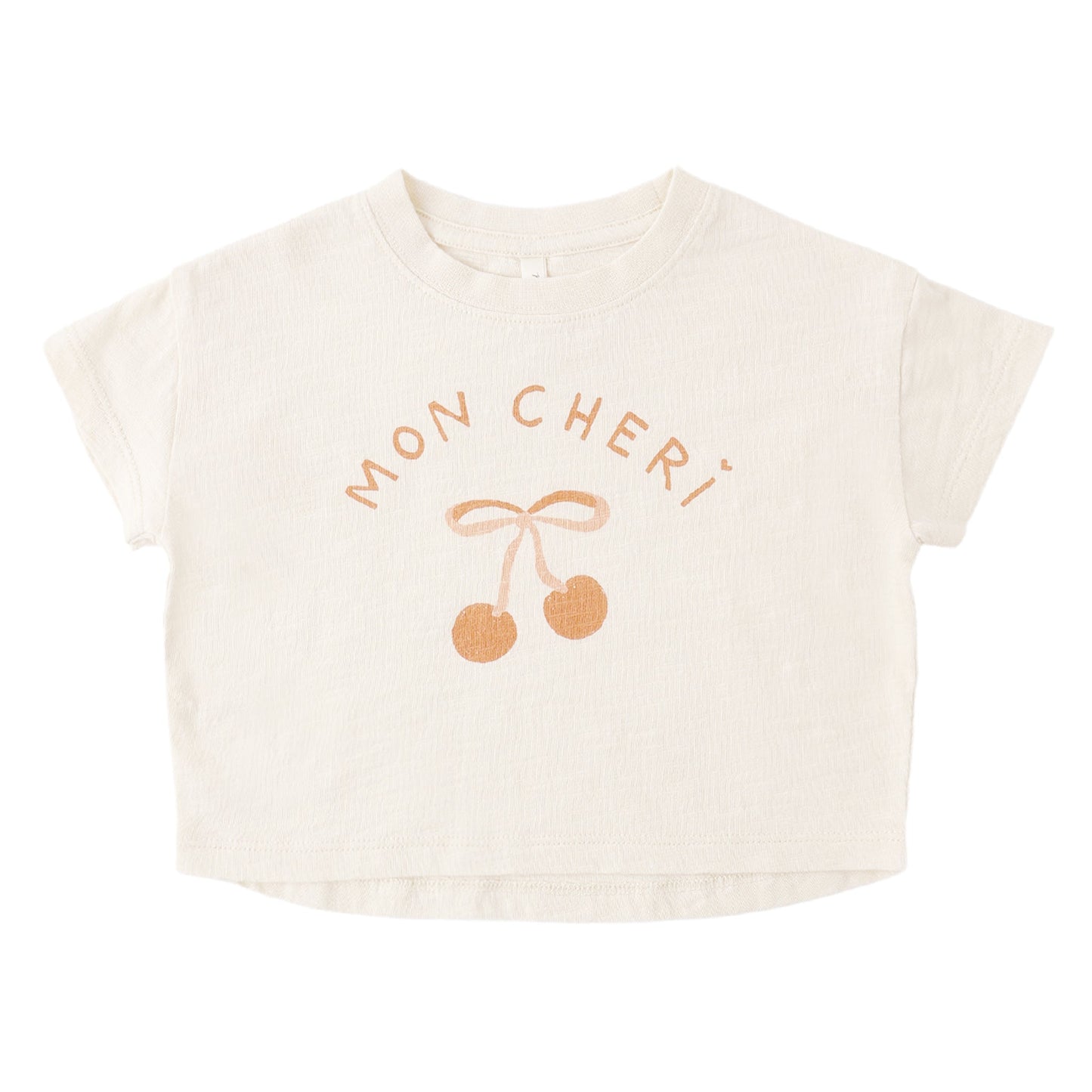 Cream crop top with 'Mon Cheri' and cherry design