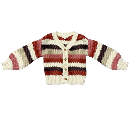 Striped cardigan with red, white, and brown colors on a white background
