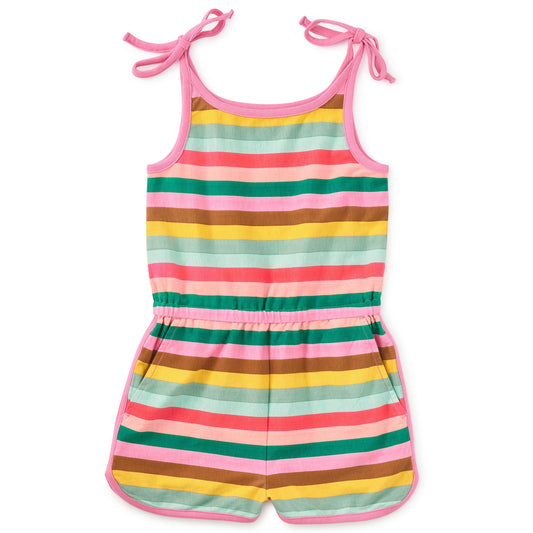 Colorful striped romper with pink straps on a white background