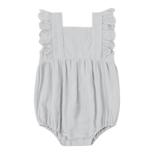 Light blue baby romper with ruffled strapped details.