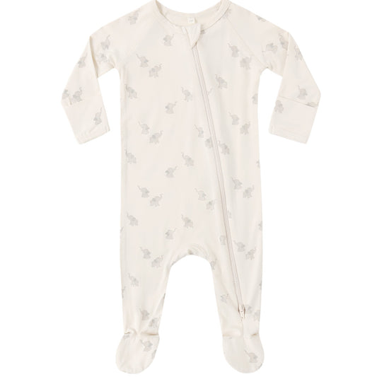 Baby footie with an elephant pattern and zip closuer