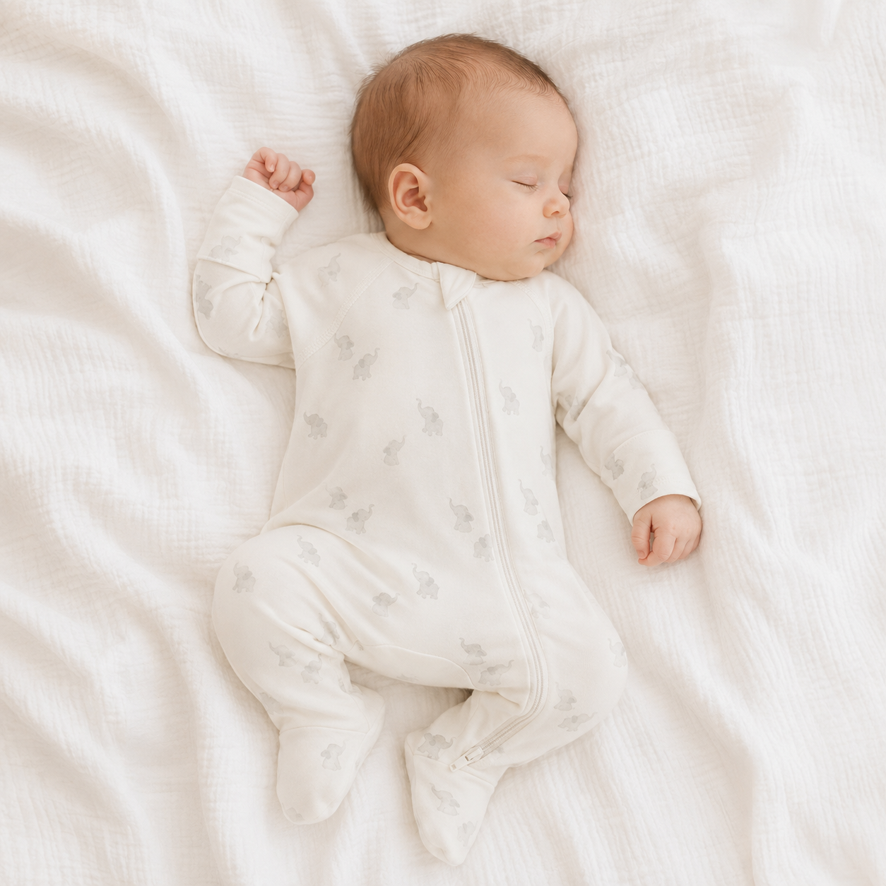 Newborn baby in a white onesie with a gray elephant pattern