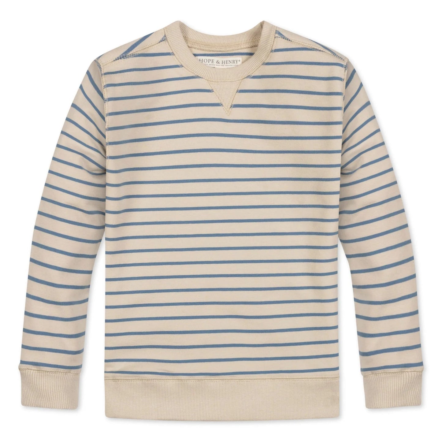 A long-sleeve crewneck sweatshirt with horizontal blue stripes on a cream-colored base, featuring ribbed cuffs and hem, shown flat on a white background.