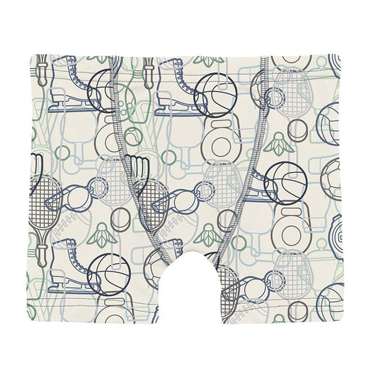 Boys boxer briefs with sports equipment design on a white background