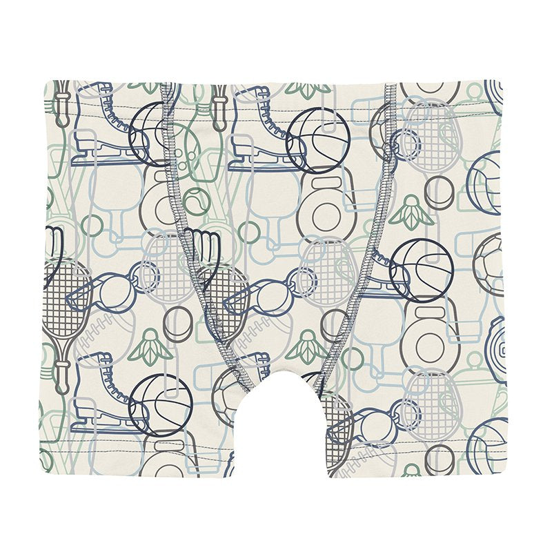 Boys boxer briefs with sports equipment design on a white background