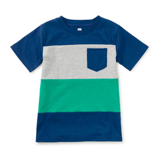 Color-blocked t-shirt with blue, gray, and green sections on a white background