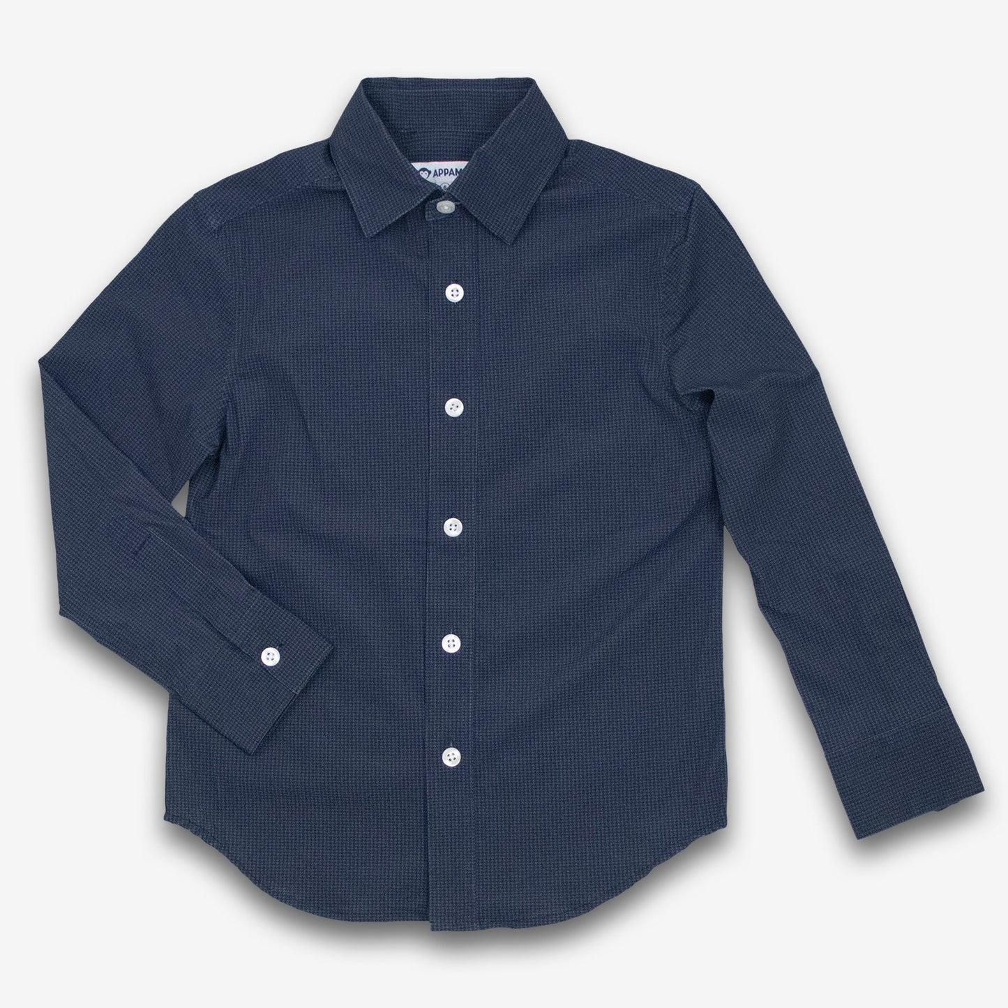 Navy blue dress shirt on a white background