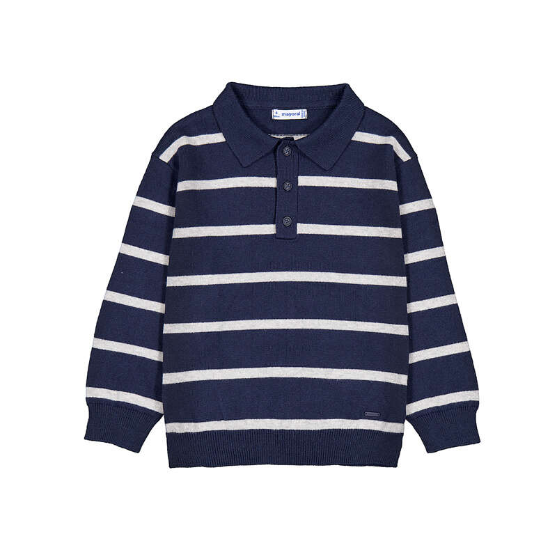 Navy and grey striped polo sweater on a white background