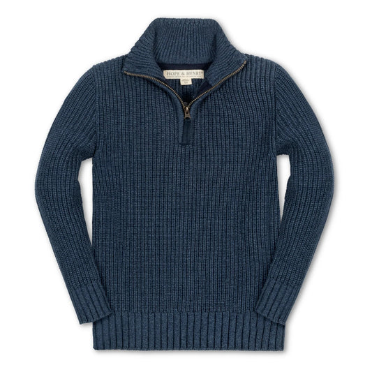 A navy blue ribbed knit quarter-zip sweater with a stand-up collar, shown flat against a white background. The brand label inside the collar reads 'ROPE & REEL'.