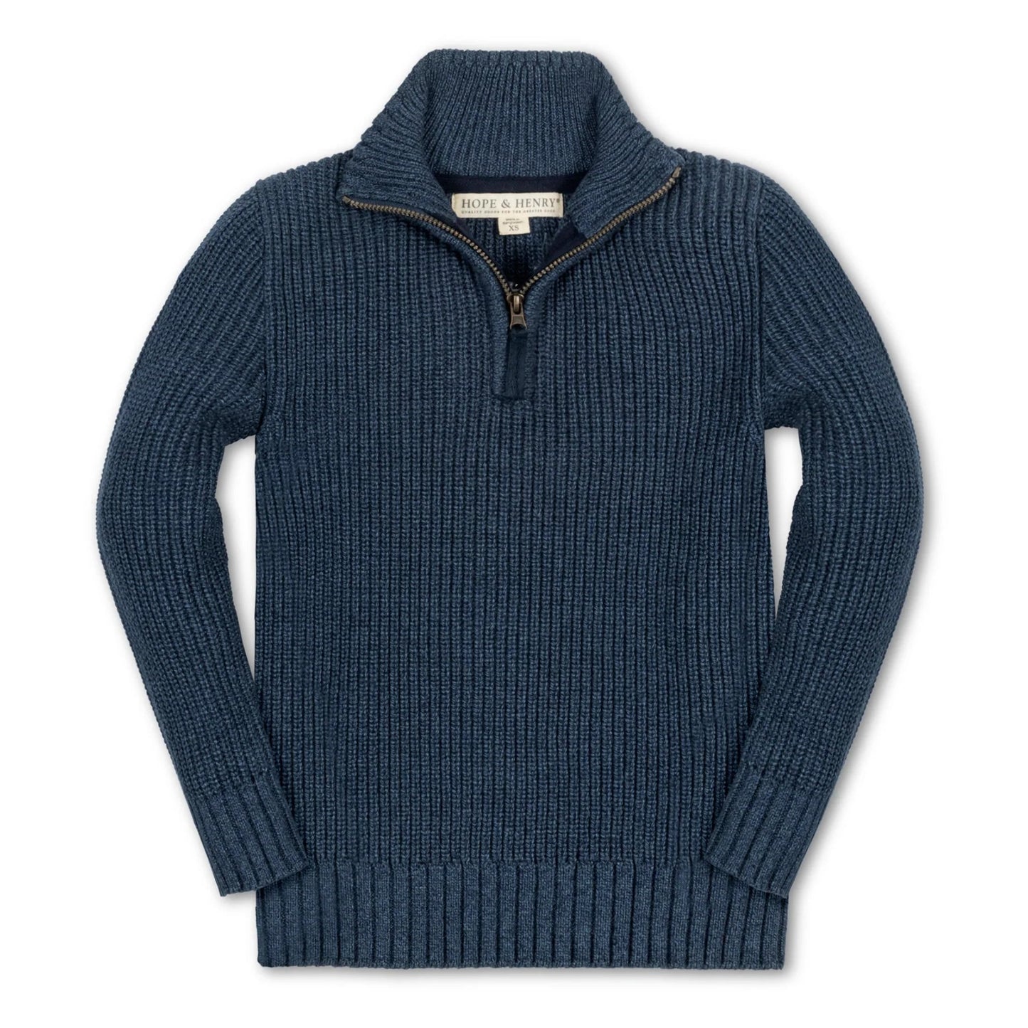 A navy blue ribbed knit quarter-zip sweater with a stand-up collar, shown flat against a white background. The brand label inside the collar reads 'ROPE & REEL'.