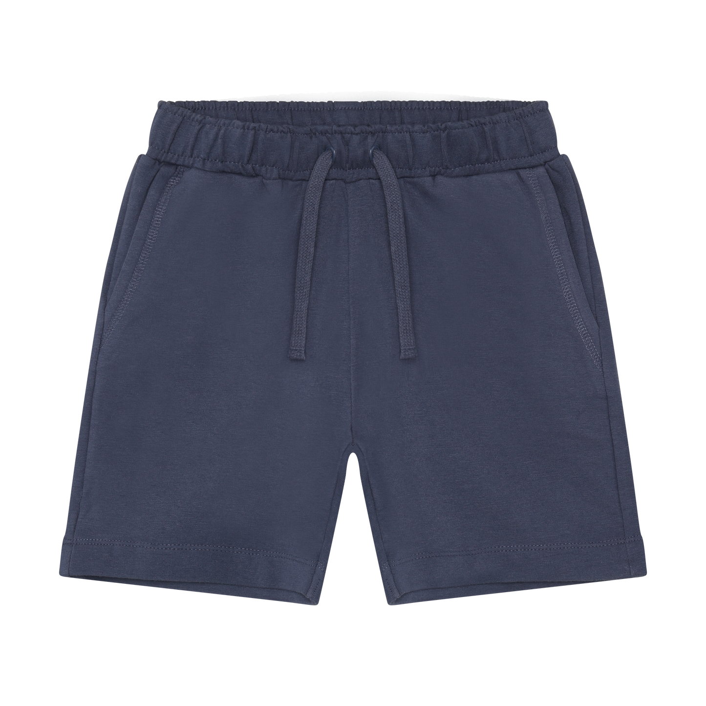 Navy blue shorts with an elastic waistband on a white background