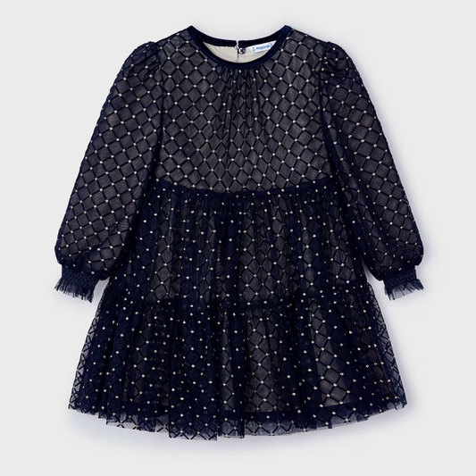 Navy lace dress with long sleeves on a white background