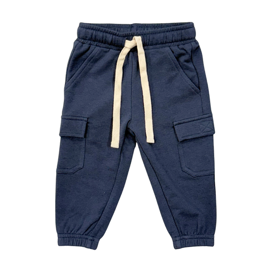 Navy blue cargo jogger with a white tie string.