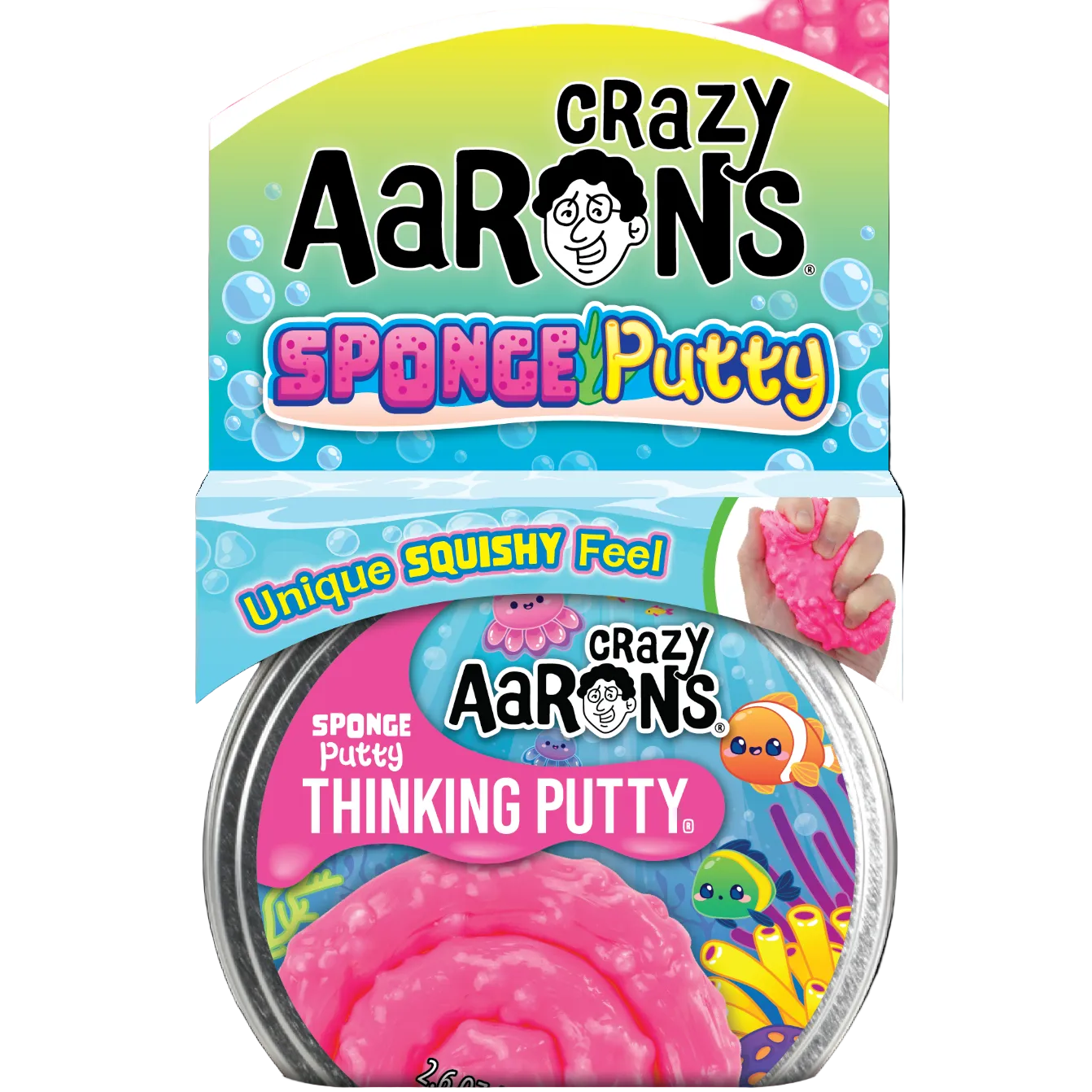 Crazy Aaron's Sponge Putty packaging with pink putty inside a clear container.