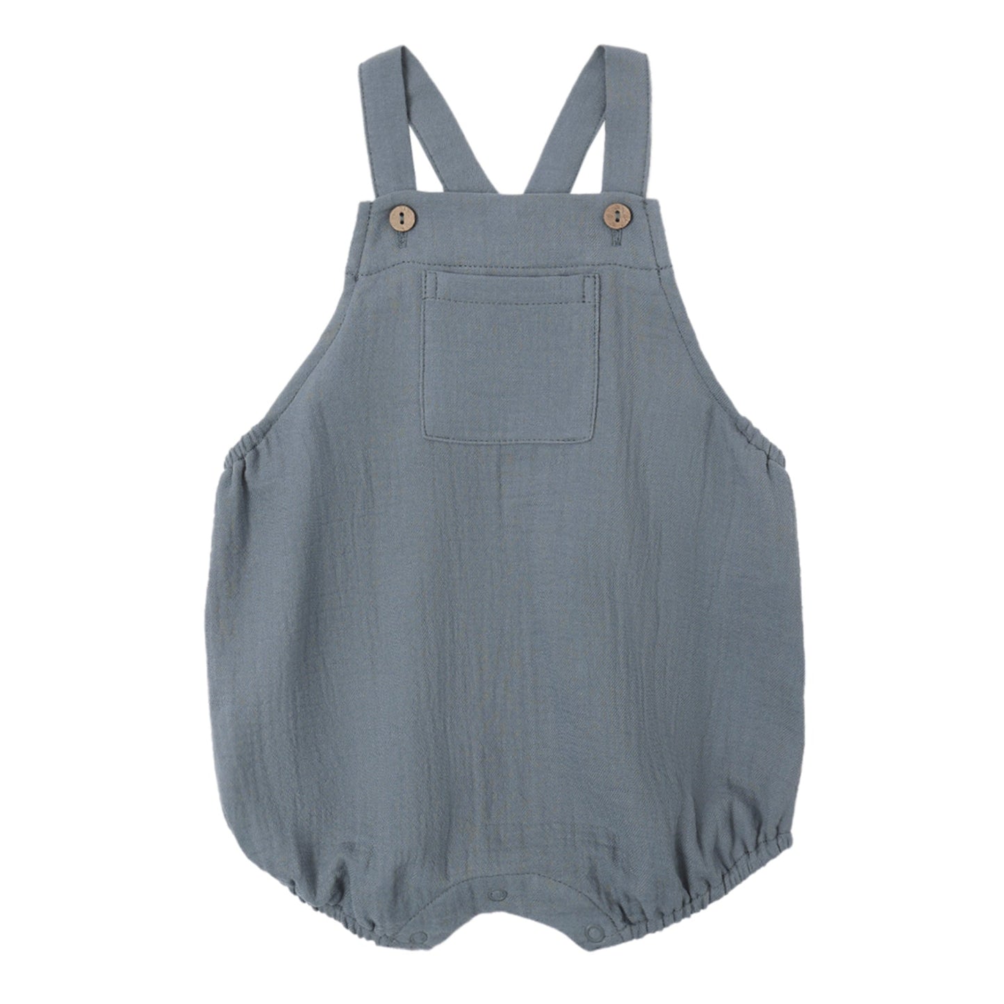 Blue overalls bubble with faux wooden buttons at straps