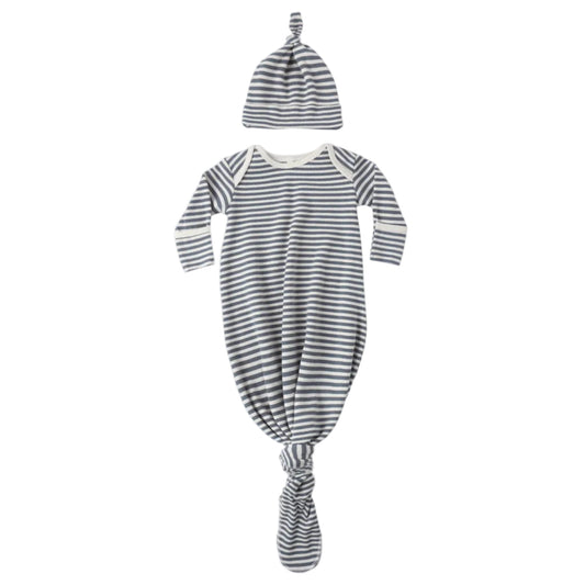 Striped baby gown and hat set on a white background