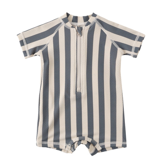 Navy Striped baby romper with short sleeves and zipper