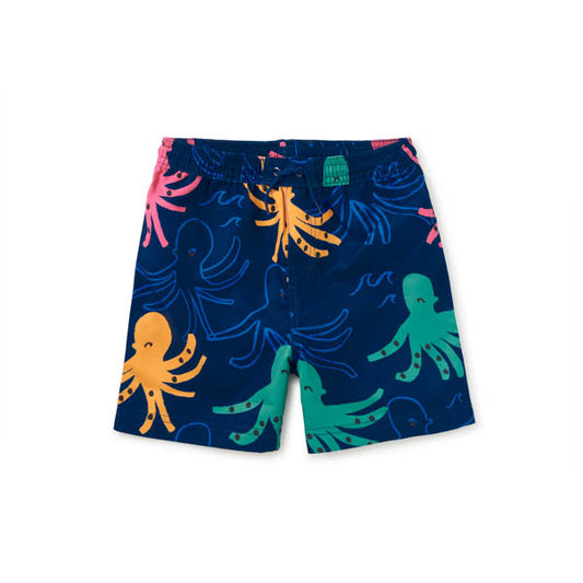 Children's shorts with colorful octopus pattern on a blue background