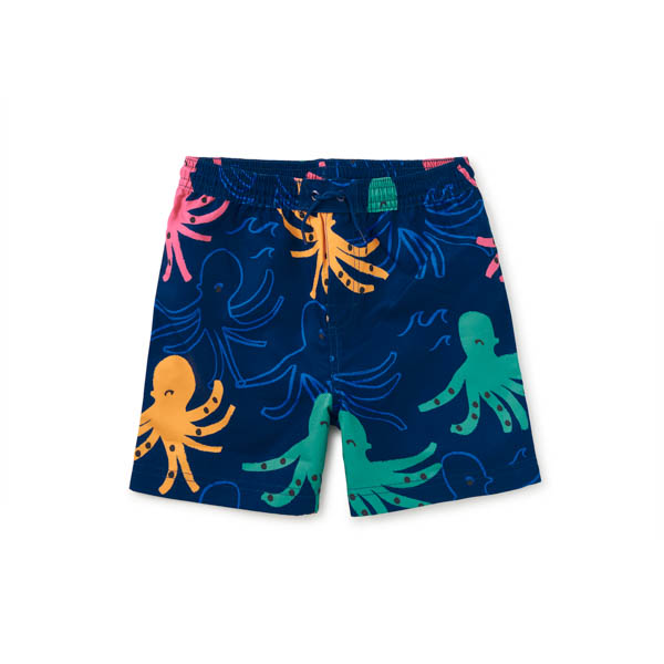 Children's shorts with colorful octopus pattern on a blue background
