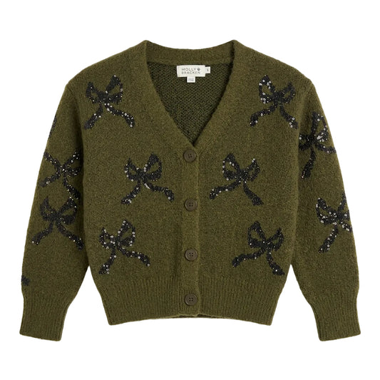 An olive green knit cardigan sweater with black sequined bow motifs.