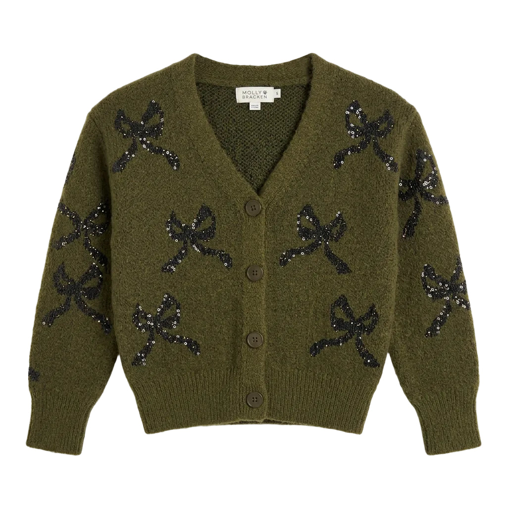 An olive green knit cardigan sweater with black sequined bow motifs.