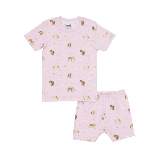 Orchid Pink pajama set with horse pattern on a white background