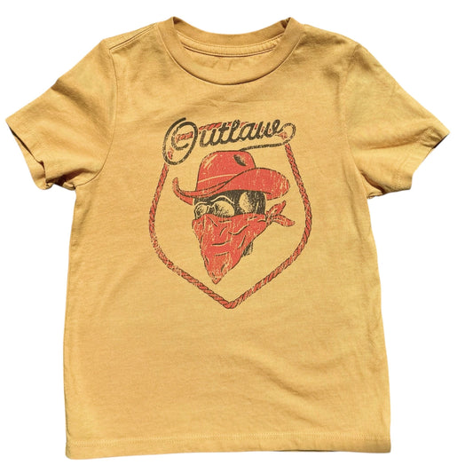 Yellow t-shirt with a graphic of a cowboy wearing a red bandana and a red hat, with the word 'Outlaw' above it