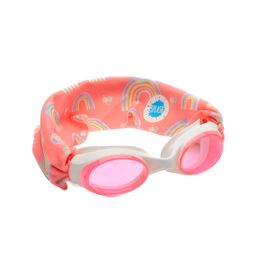 Pink swim goggles with rainbow pattern