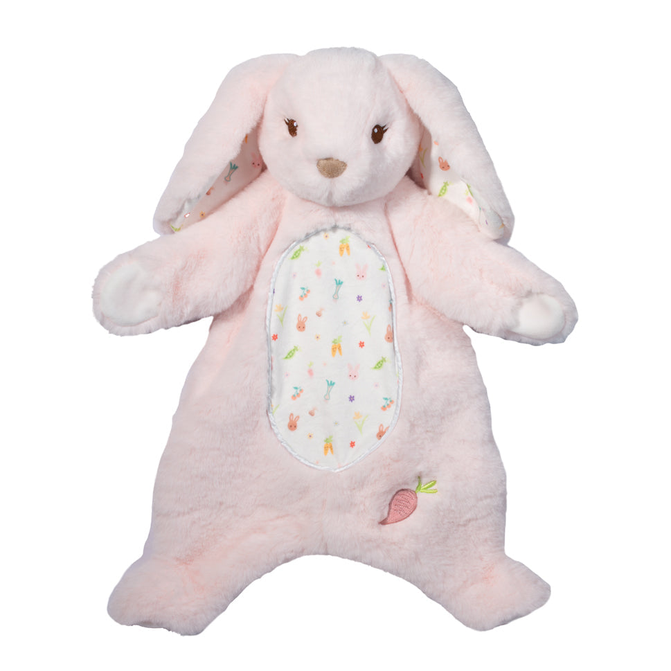 A plush pink bunny soft toy with embroidered details and a fluffy texture.