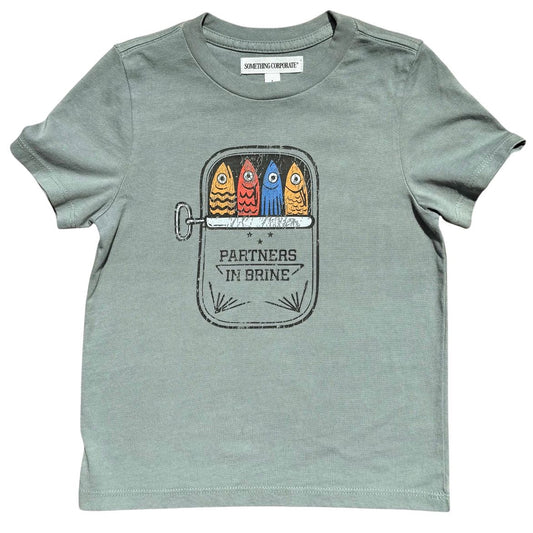 Greenish Gray t-shirt with a graphic of three fish in a can labeled 'Partners in Brine'