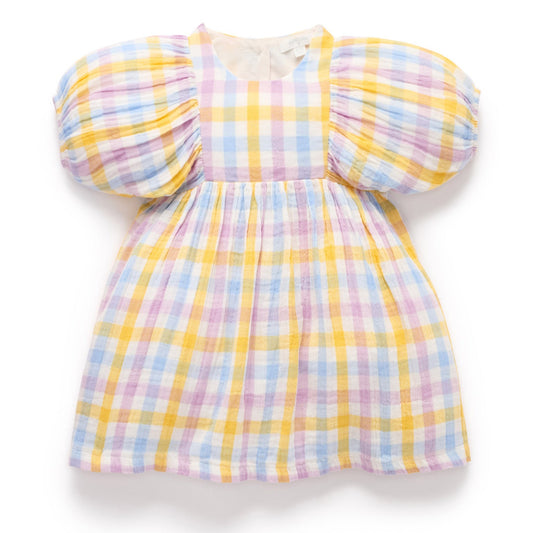 Pastel checkered dress with puff sleeves
