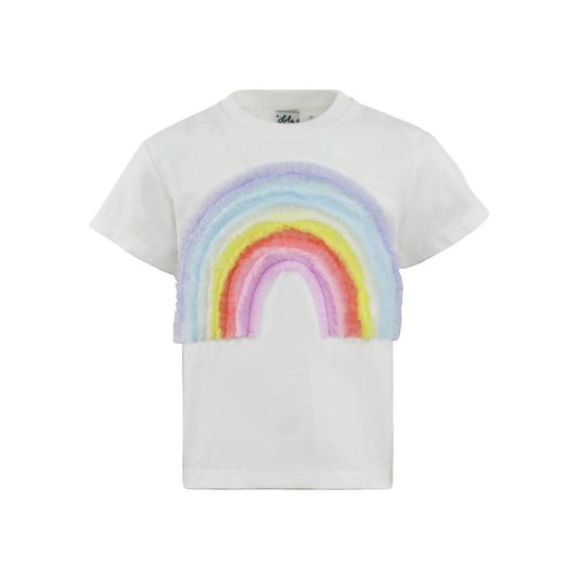 Soft white tee featuring a dreamy pastel rainbow appliqué across the front.