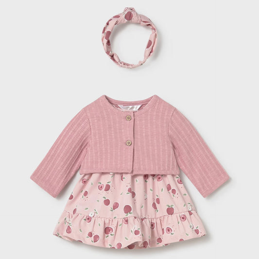 three piece set with pink dress, pink cardigan and peach print headband
