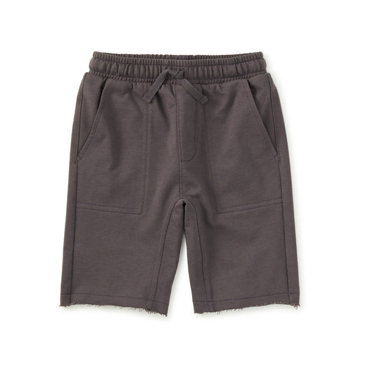 Charcoal shorts with a drawstring on a white background