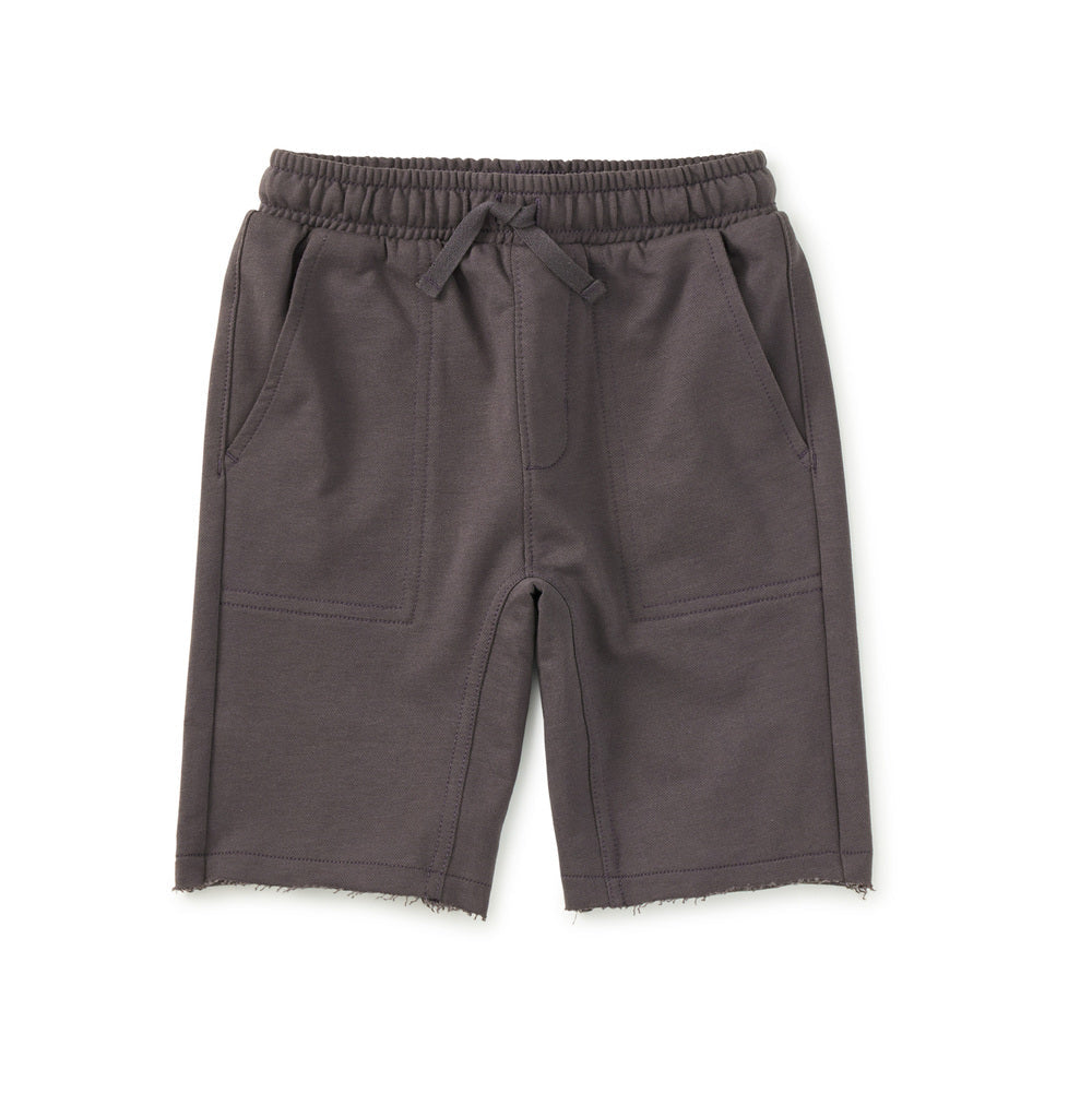 Charcoal shorts with a drawstring on a white background