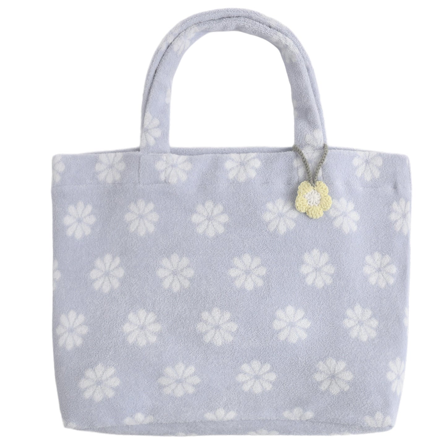 Periwinkle terry tote bag with white daisy pattern