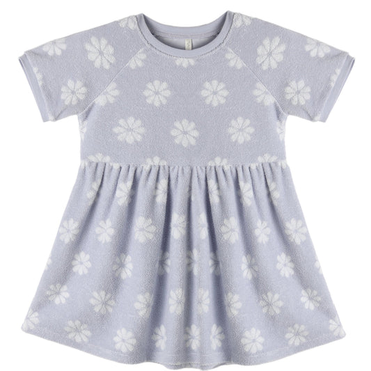 Periwinkle blue terry cloth dress with daisy floral pattern