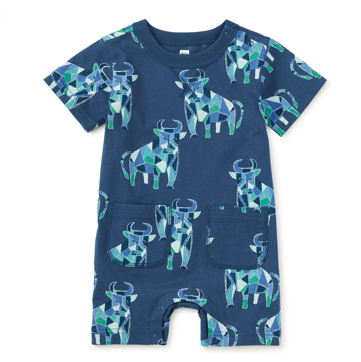 Blue romper with bull pattern