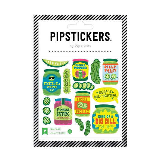 A package of PIPSTICKERS by Pipsticks stickers featuring colorful illustrations of pickled vegetables and jars, including green cucumbers, pink and yellow pickles, and bold text labels, presented on a white backing card with black striped borders.