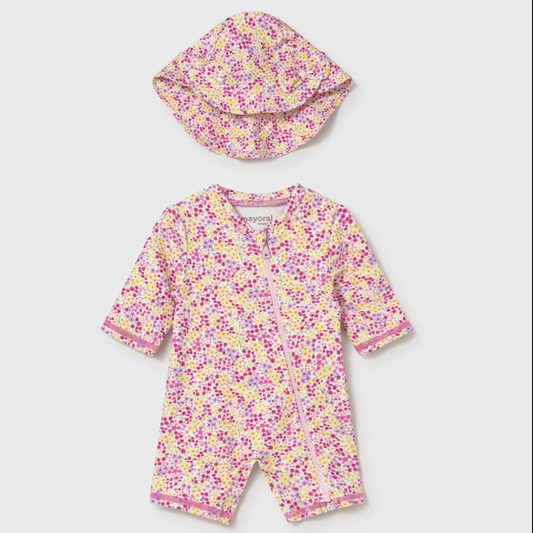 Floral baby romper with hood on a white background