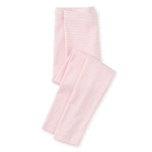 Pink and white striped leggings folded neatly on a solid white background.