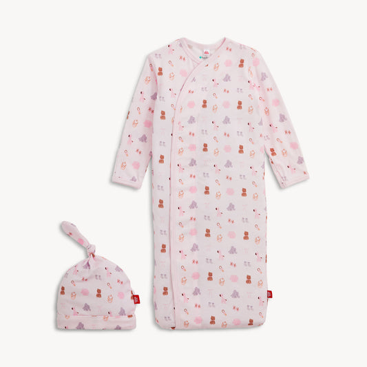 Pink baby girl print magnetic closure gown with matching top knot hat