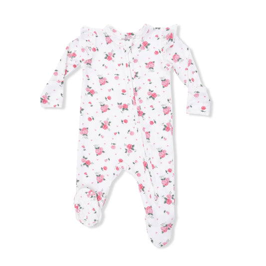 Floral-patterned baby footie with ruffle shoulders