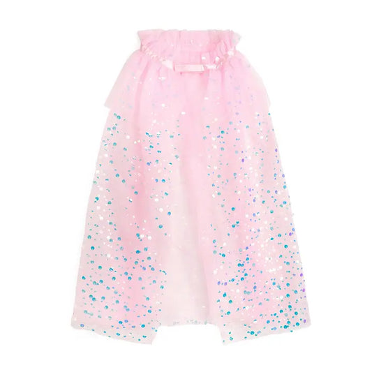 A pink tulle cape with iridescent blue and silver sequins scattered across the lower half, featuring a ruffled neckline.