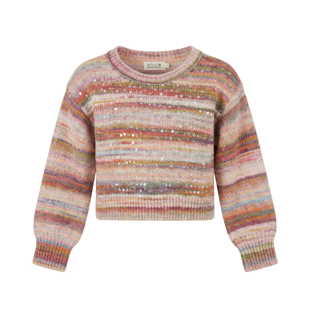A cropped knit sweater with horizontal multicolor stripes and sequined details,