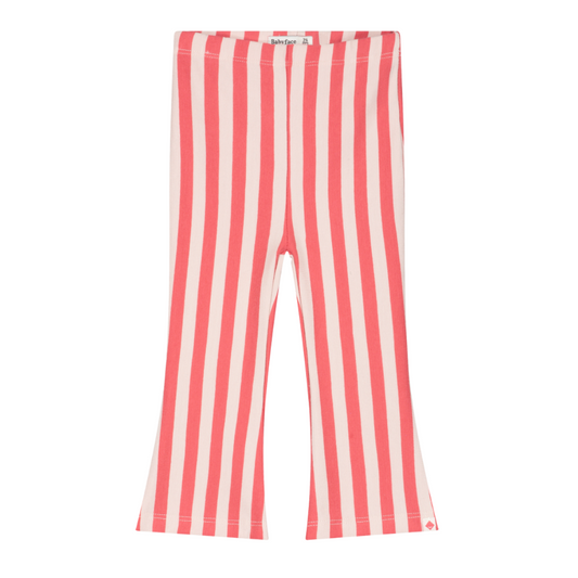 A pair of children's wide-leg pants featuring vertical coral pink and off-white stripes, displayed flat against a solid white background.