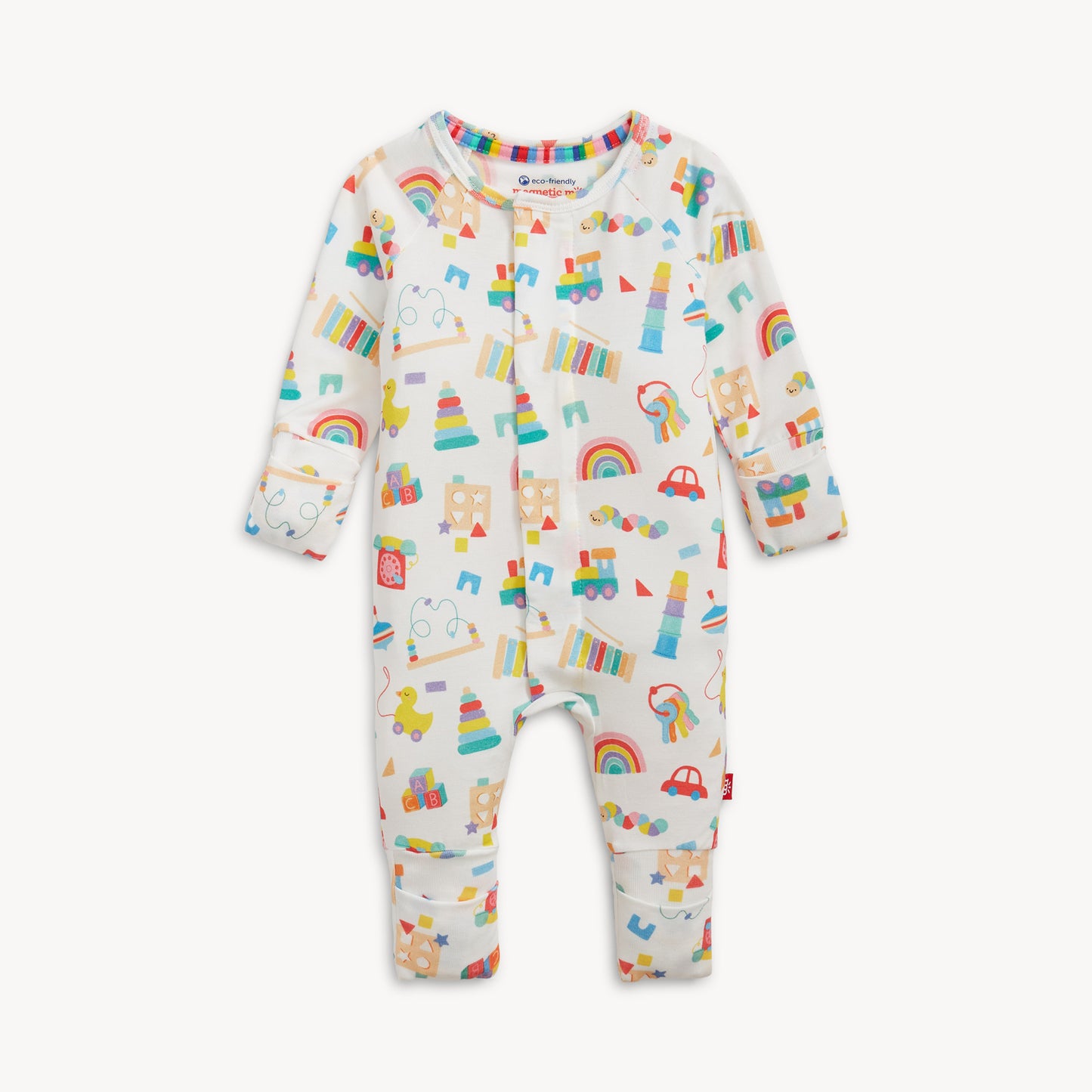 Baby romper with colorful patterns on a white background